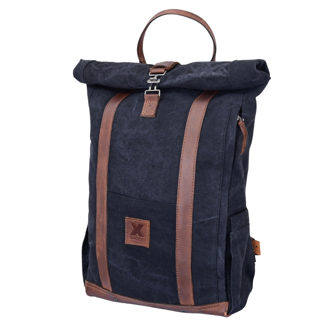 DURHAM Navy Canvas & Leather Roll-Top Backpack view 2