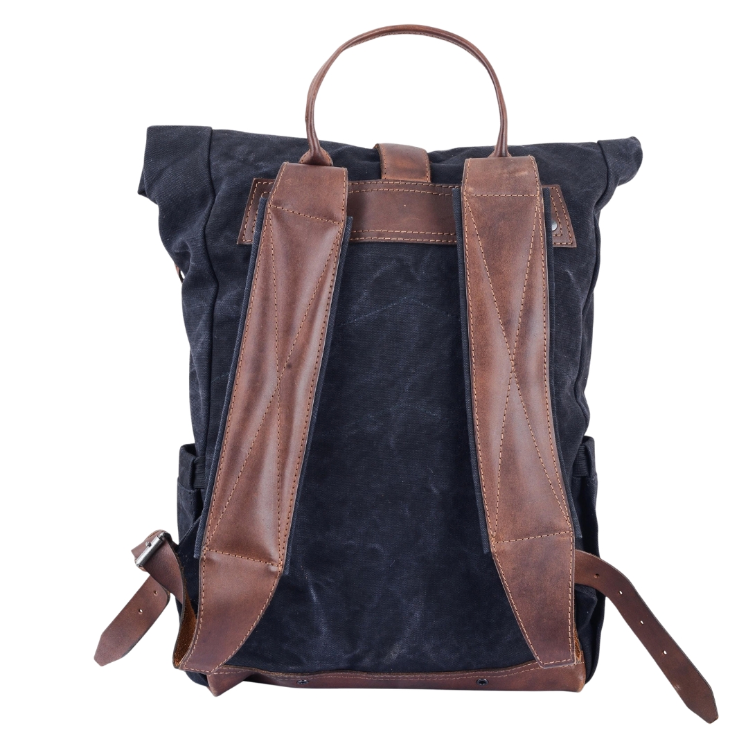 DURHAM Navy Canvas & Leather Roll-Top Backpack view 3