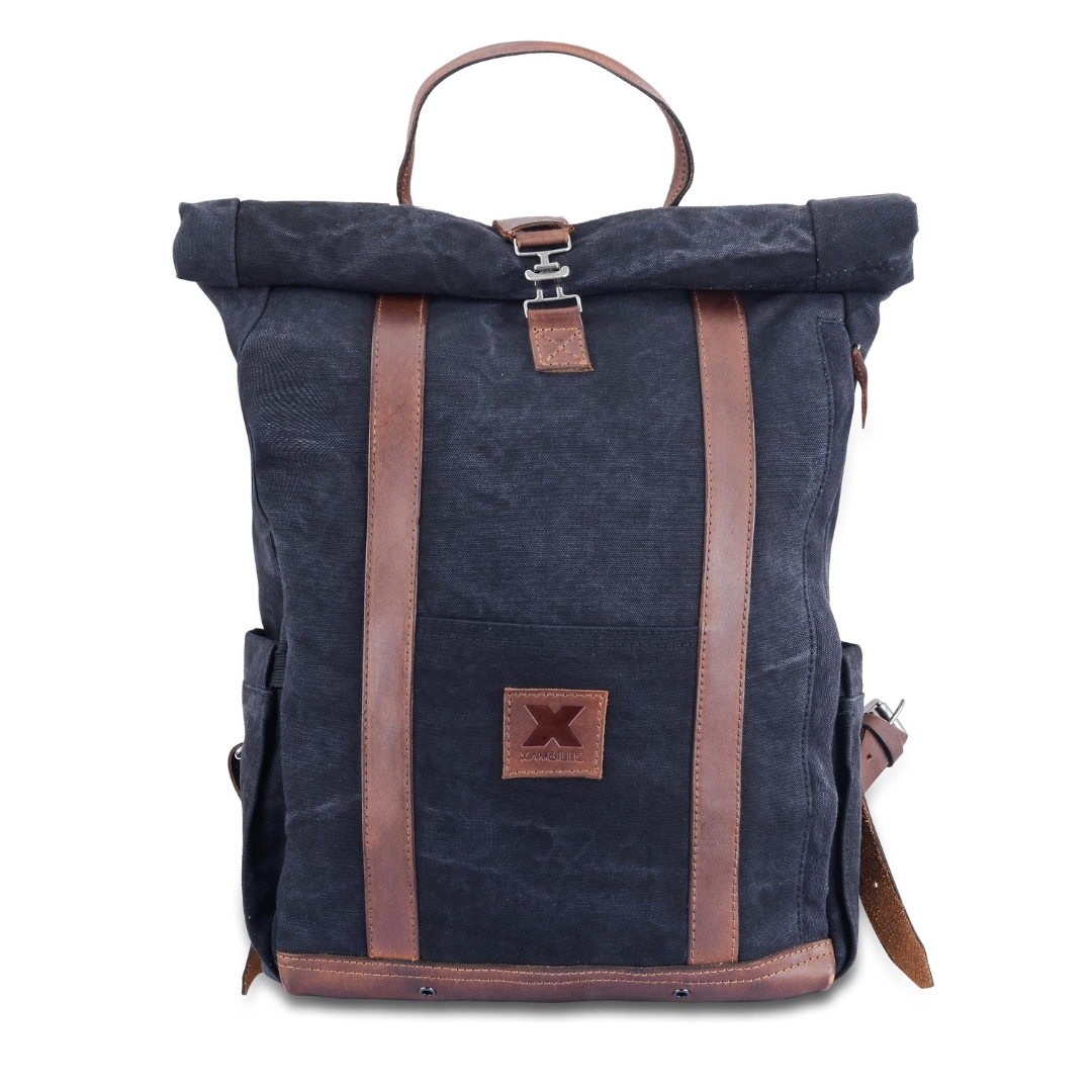 DURHAM Navy Canvas & Leather Roll-Top Backpack