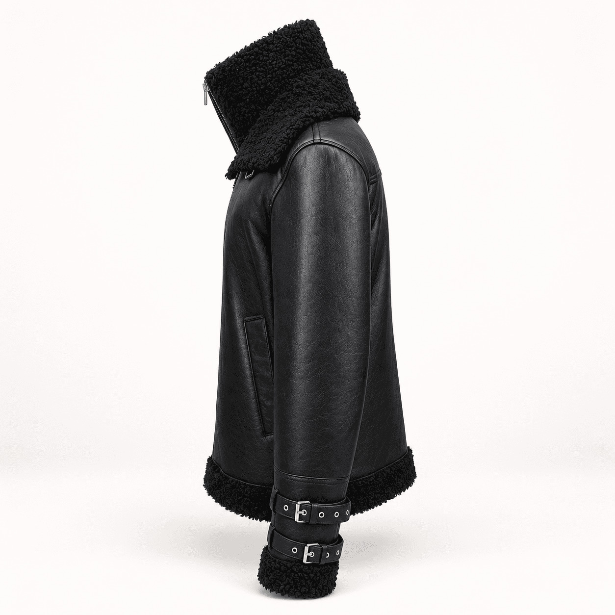CARL – Men's Black Leather Shearling Jacket with Faux Fur Collar view 4