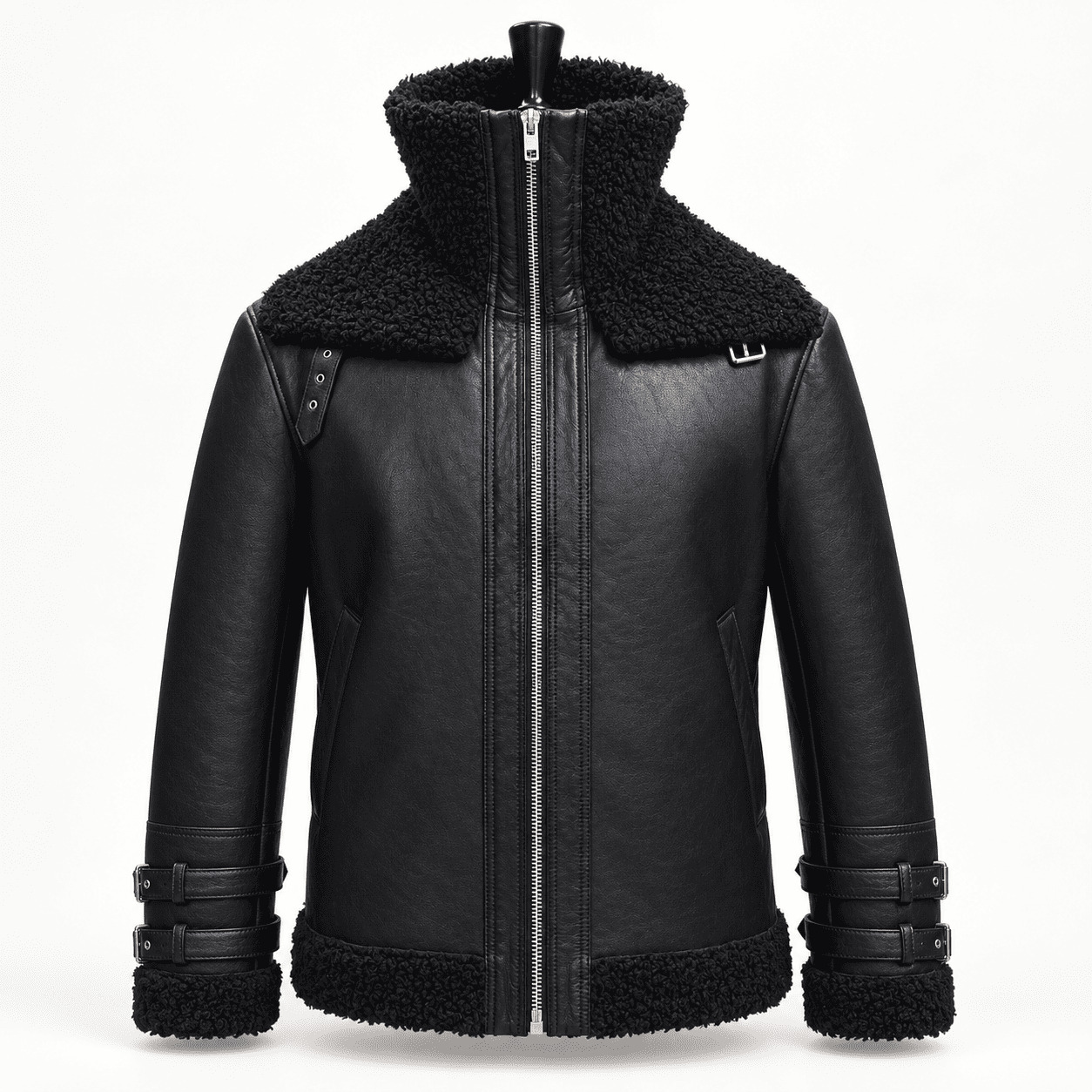 CARL – Men's Black Leather Shearling Jacket with Faux Fur Collar