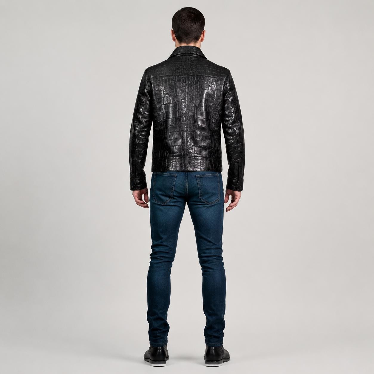 Handmade Black Sheepskin Leather Jacket – Crocodile Embossed Biker Coat for Men view 2