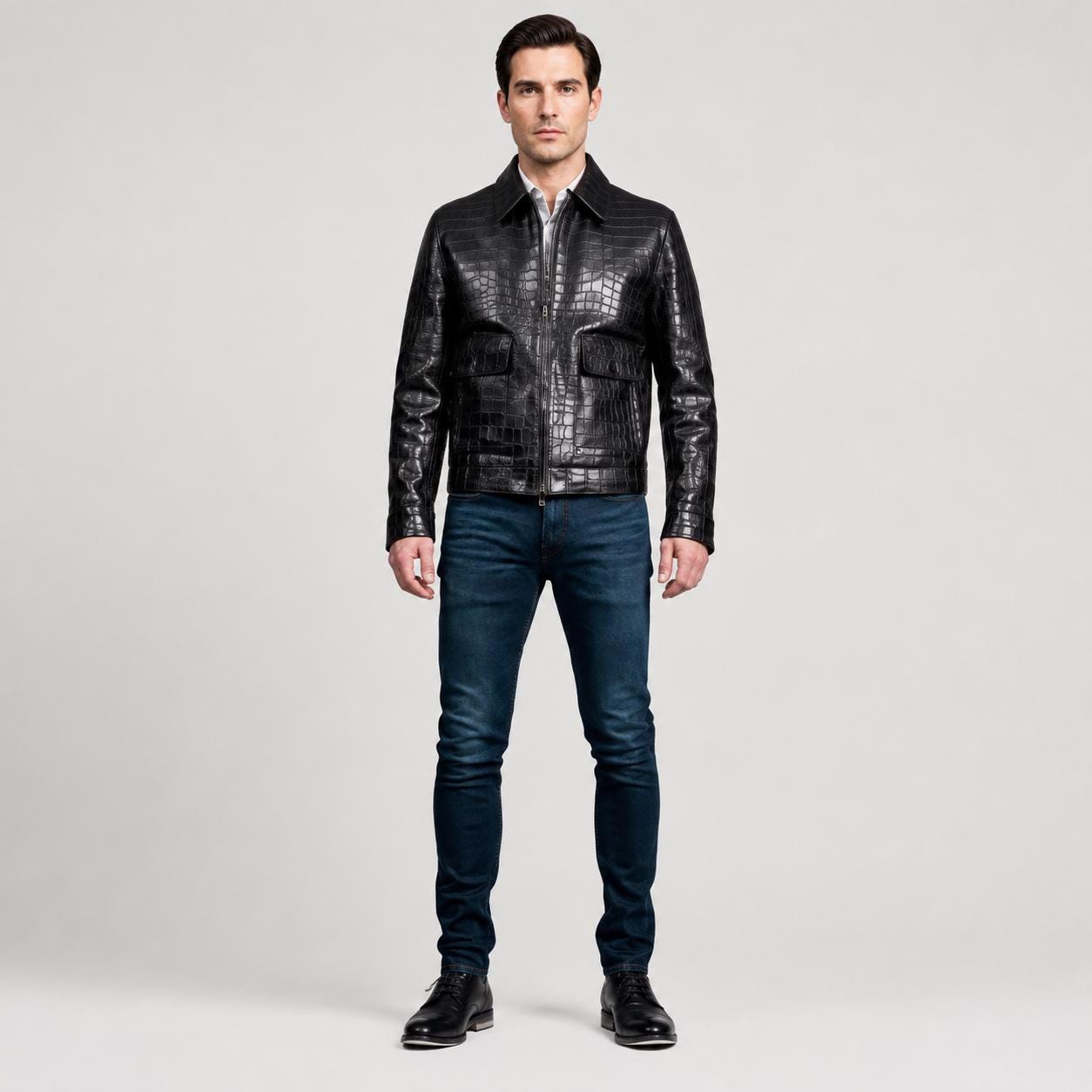 Handmade Black Sheepskin Leather Jacket – Crocodile Embossed Biker Coat for Men view 4