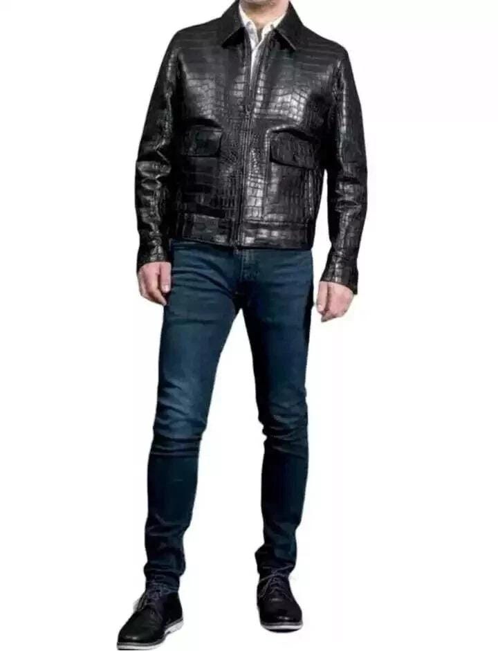 Handmade Black Sheepskin Leather Jacket – Crocodile Embossed Biker Coat for Men view 5