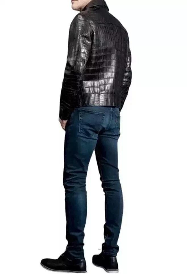 Handmade Black Sheepskin Leather Jacket – Crocodile Embossed Biker Coat for Men view 6