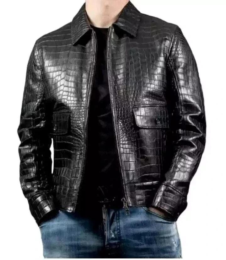 Handmade Black Sheepskin Leather Jacket – Crocodile Embossed Biker Coat for Men view 7