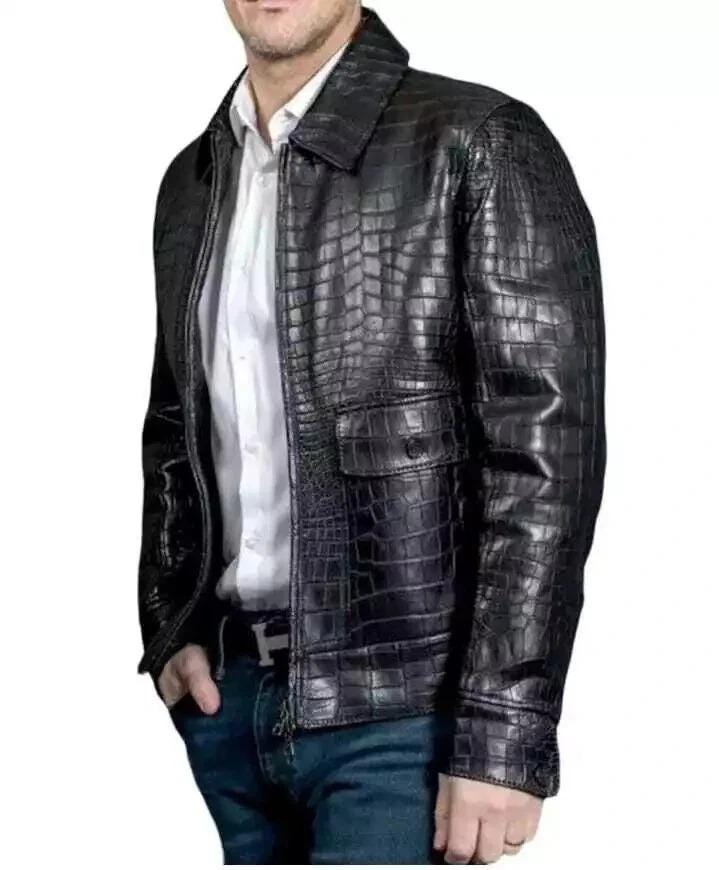 Handmade Black Sheepskin Leather Jacket – Crocodile Embossed Biker Coat for Men view 8