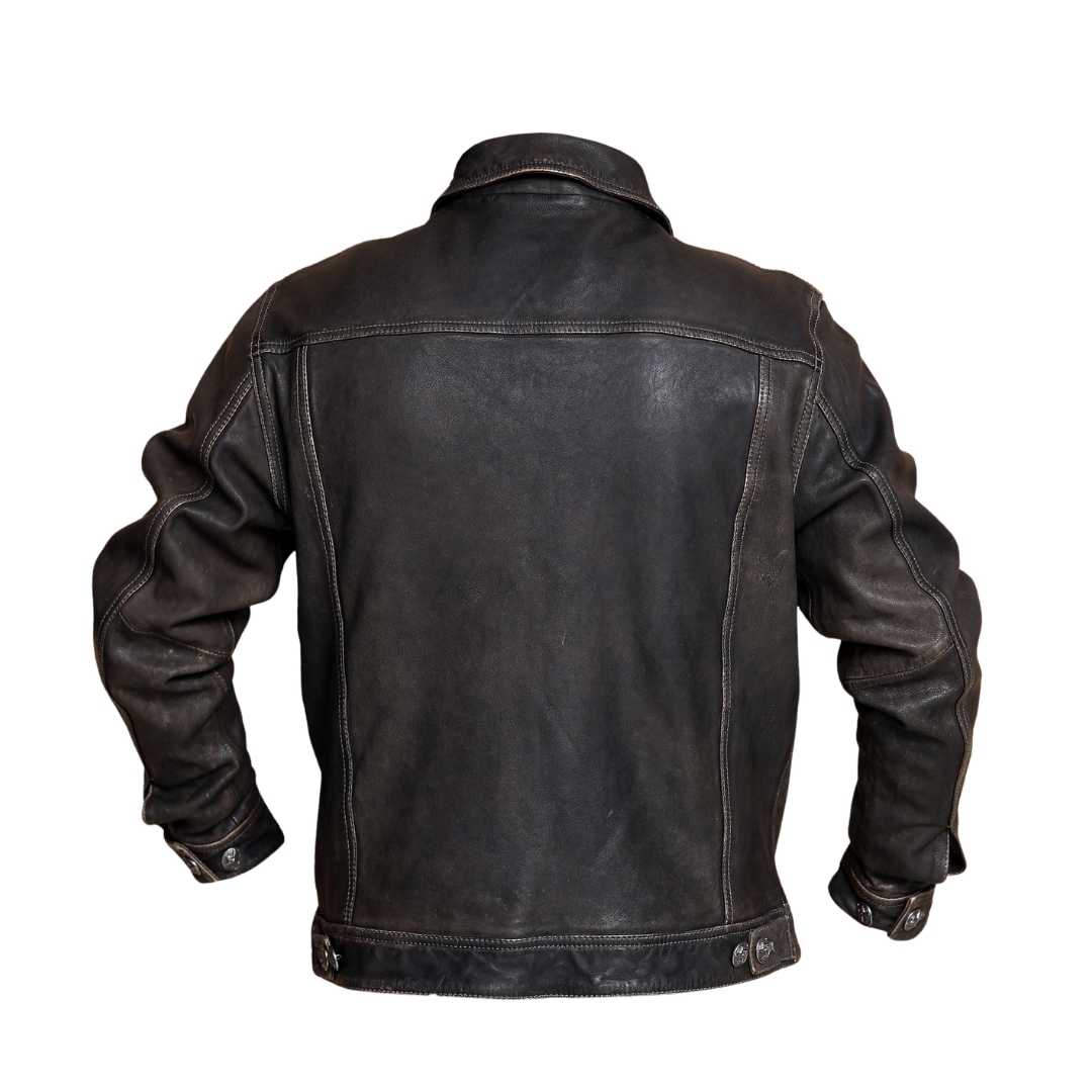 HOLLIS Brown Distressed Leather Trucker Jacket view 2