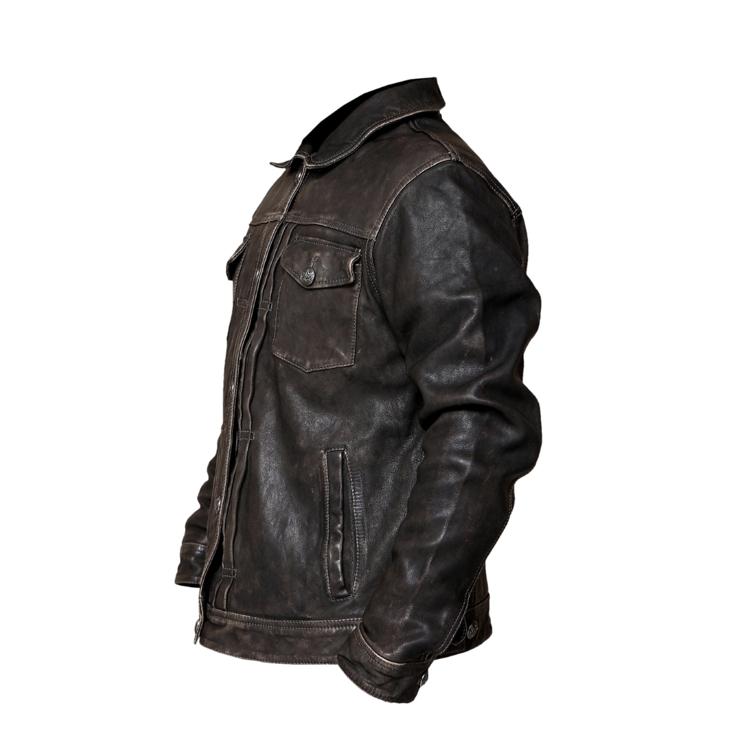 HOLLIS Brown Distressed Leather Trucker Jacket view 3