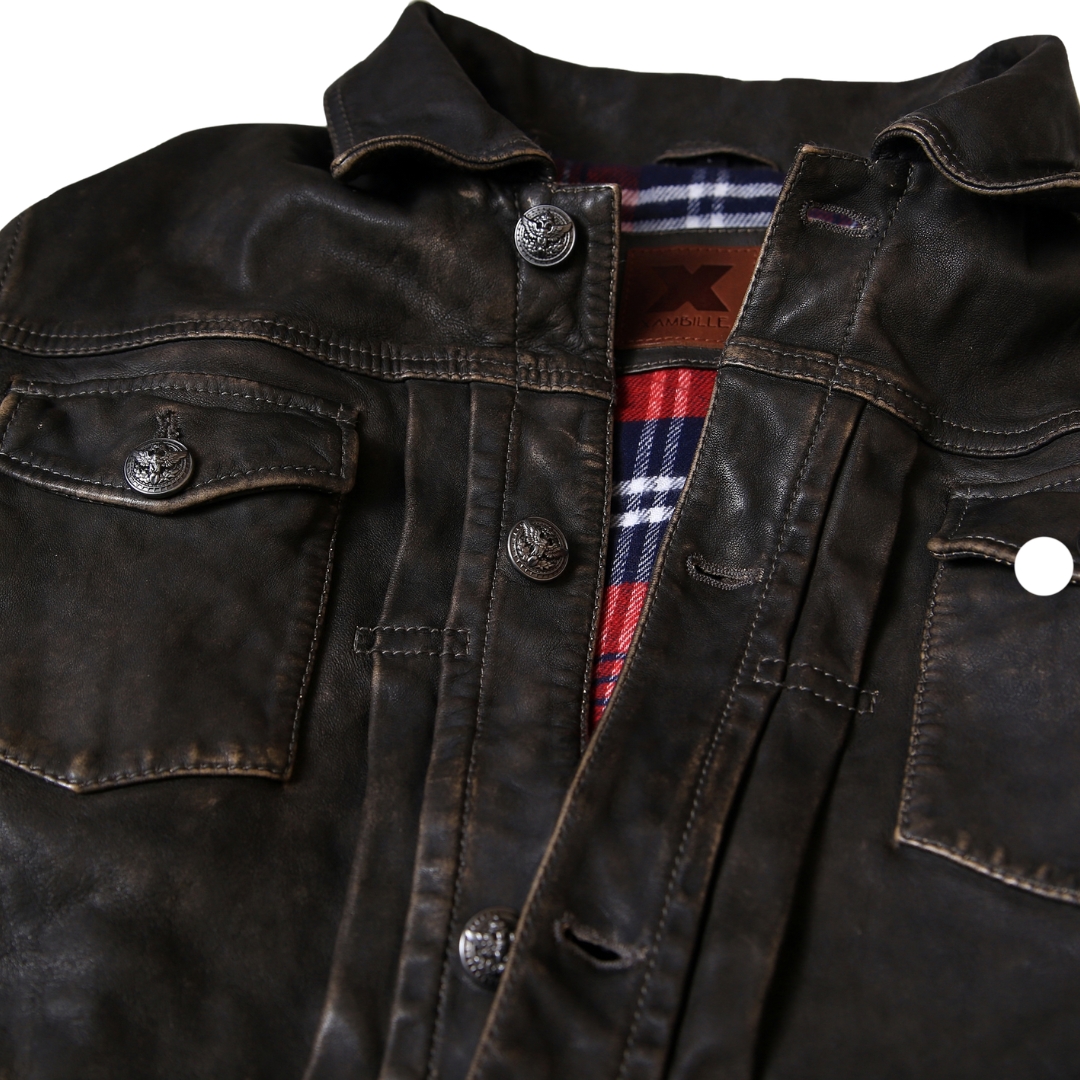 HOLLIS Brown Distressed Leather Trucker Jacket view 4