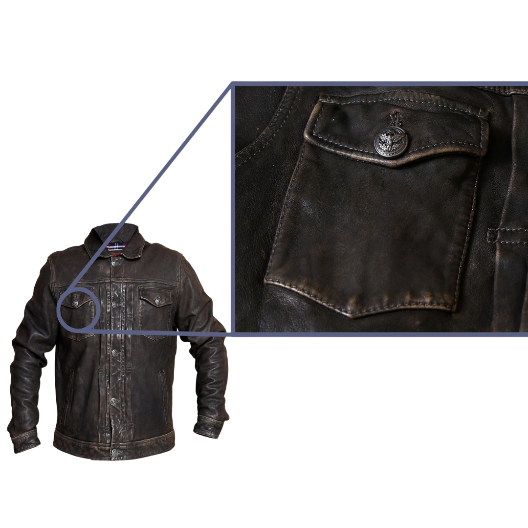 HOLLIS Brown Distressed Leather Trucker Jacket view 6