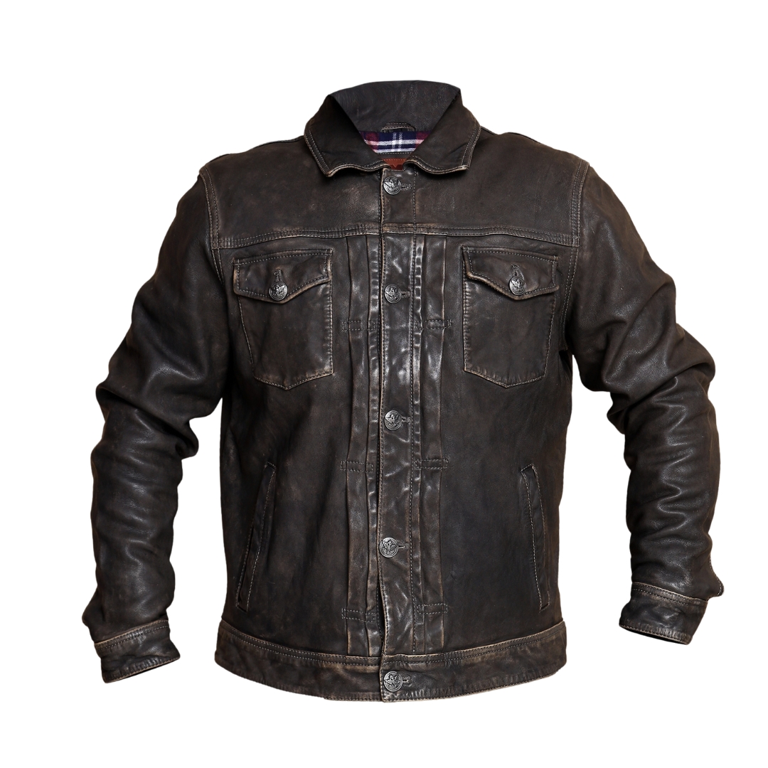 HOLLIS Brown Distressed Leather Trucker Jacket