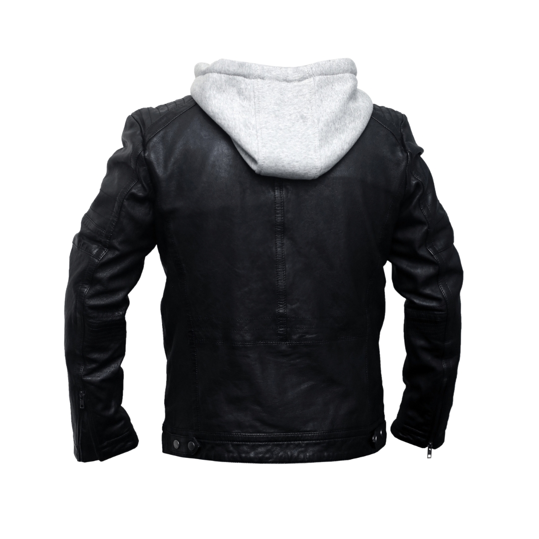 KADEN Black Leather Hooded Racer Jacket view 2