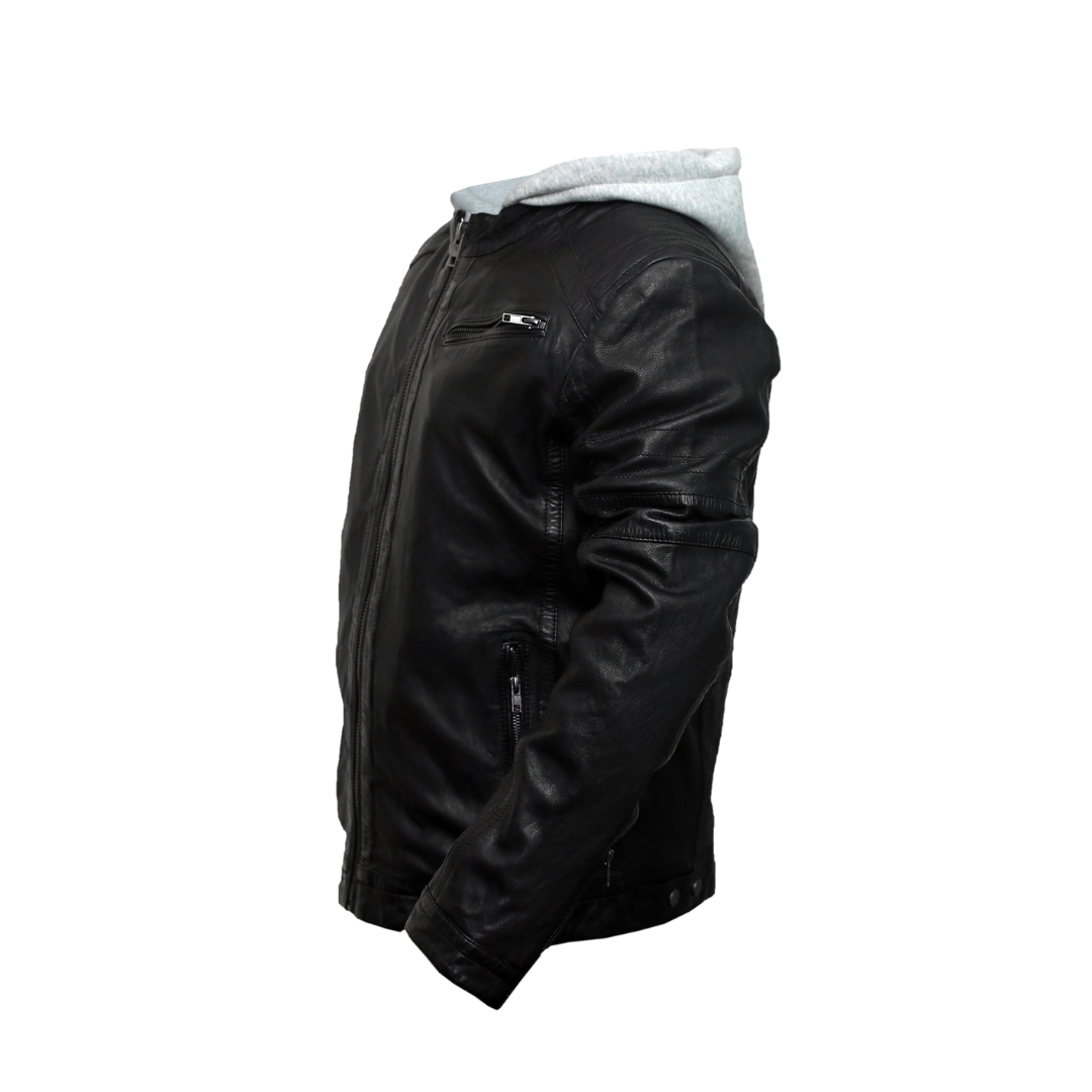 KADEN Black Leather Hooded Racer Jacket view 3