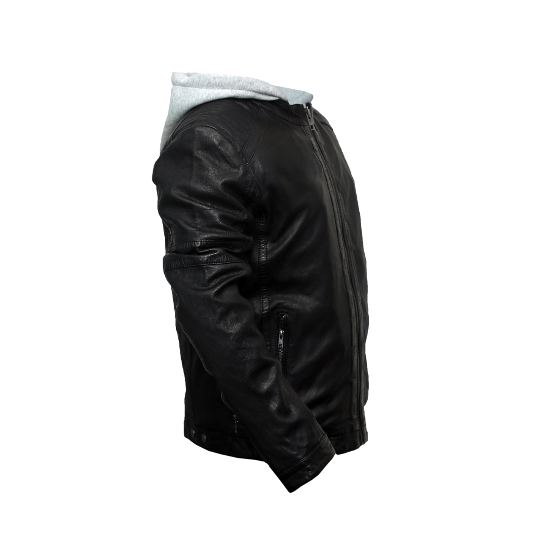 KADEN Black Leather Hooded Racer Jacket view 4