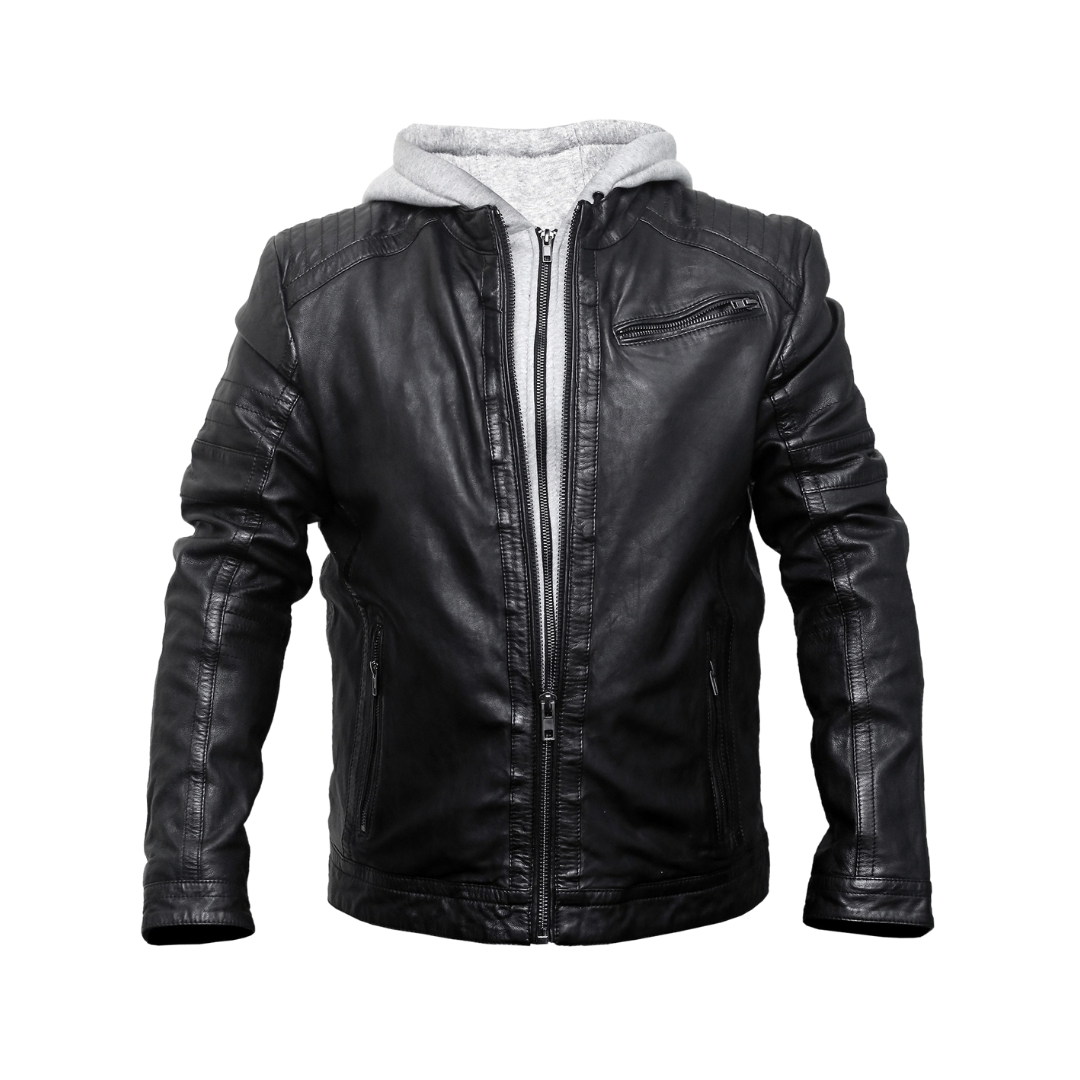 KADEN Black Leather Hooded Racer Jacket