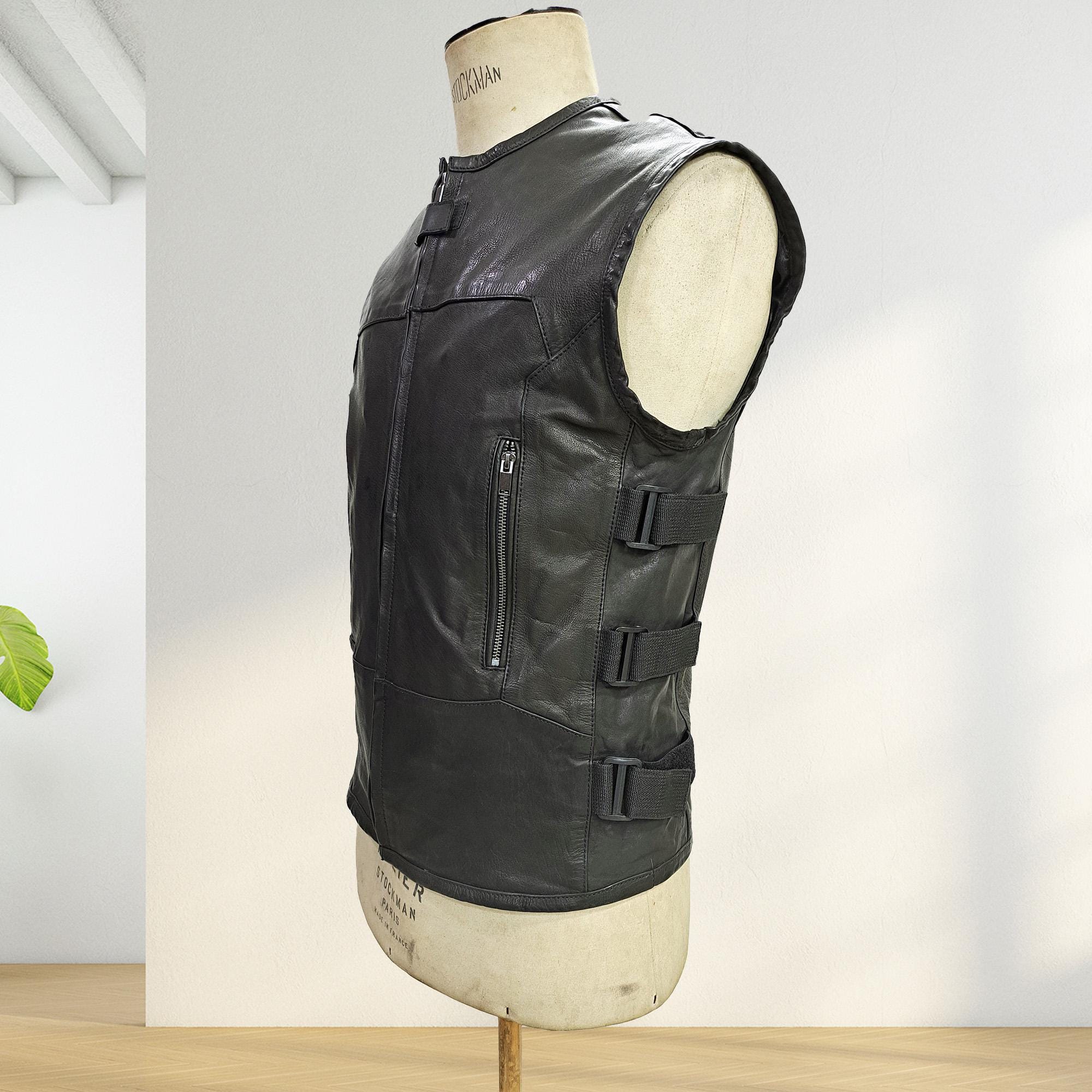 Men's Black Leather Motorcycle Vest: Tactical SWAT Style with Free Personalized Leather Appliqué view 4
