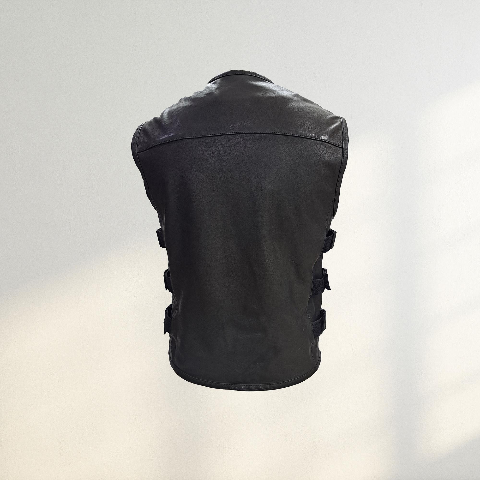 Men's Black Leather Motorcycle Vest: Tactical SWAT Style with Free Personalized Leather Appliqué view 5