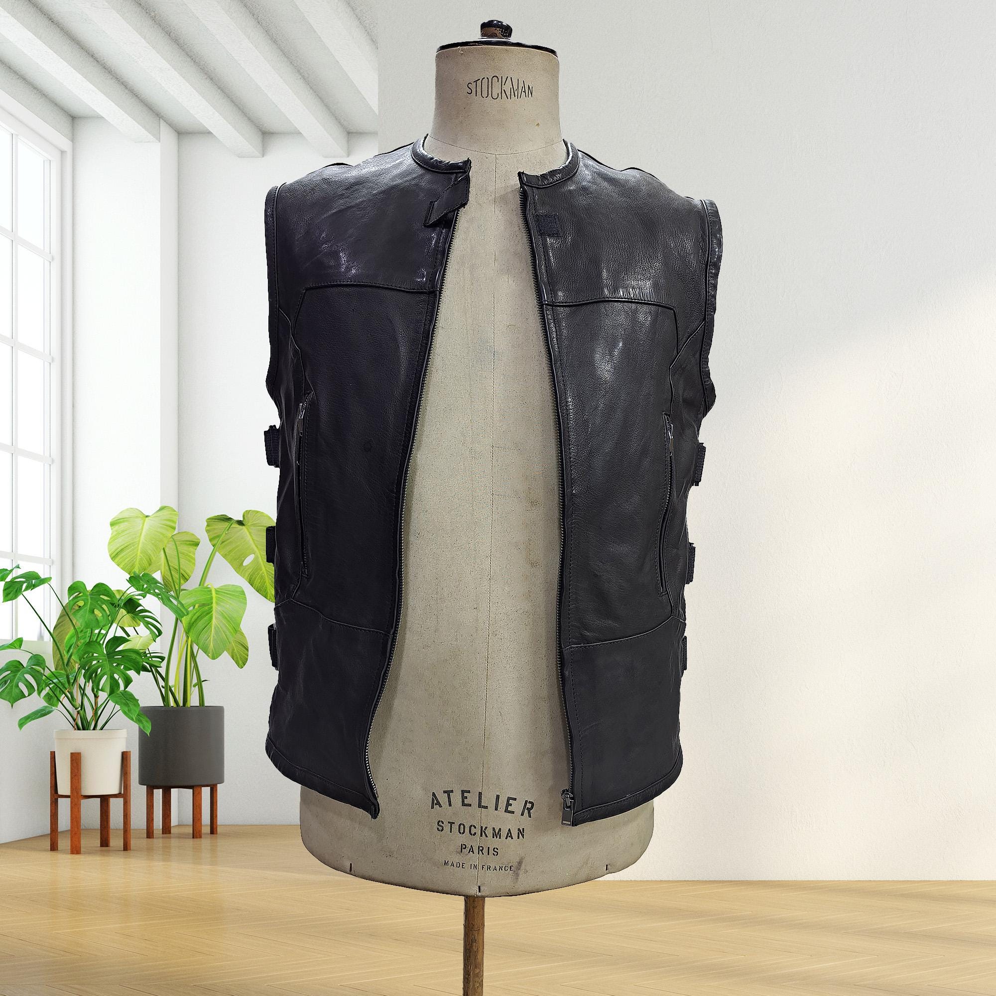 Men's Black Leather Motorcycle Vest: Tactical SWAT Style with Free Personalized Leather Appliqué view 6