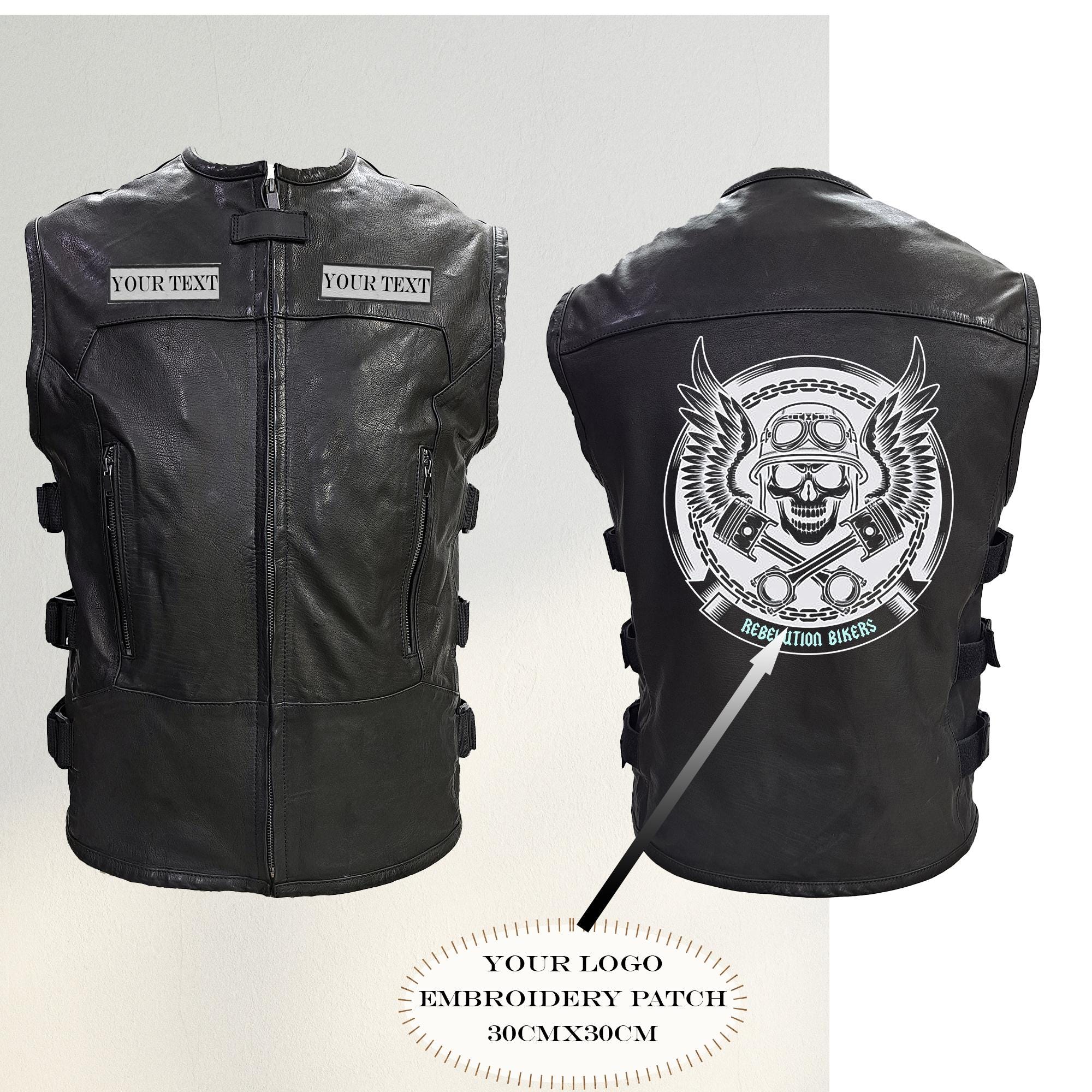 Men's Black Leather Motorcycle Vest: Tactical SWAT Style with Free Personalized Leather Appliqué view 7