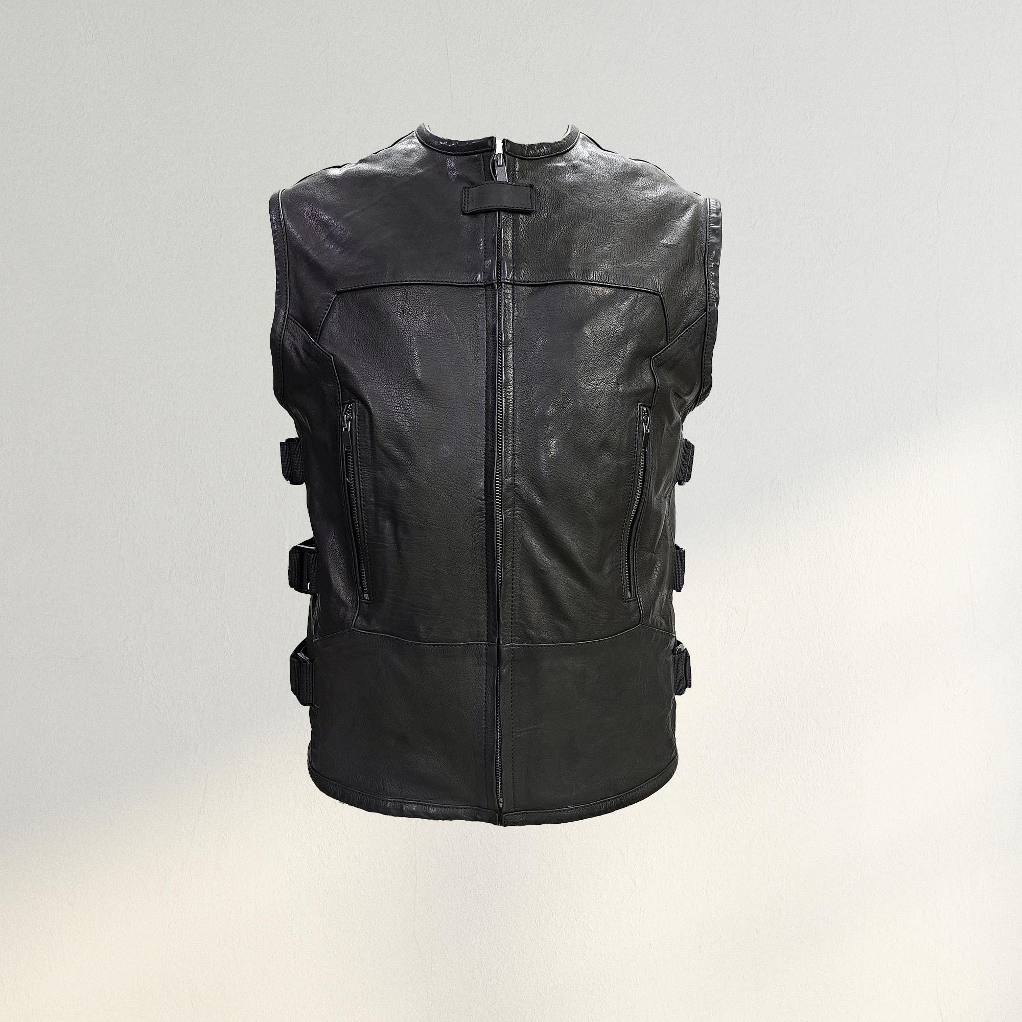 Men's Black Leather Motorcycle Vest: Tactical SWAT Style with Free Personalized Leather Appliqué view 8