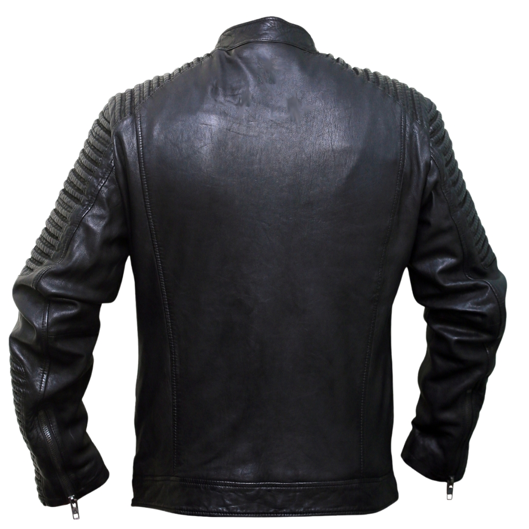 RIVAS Black Leather Ribbed Biker Jacket view 2