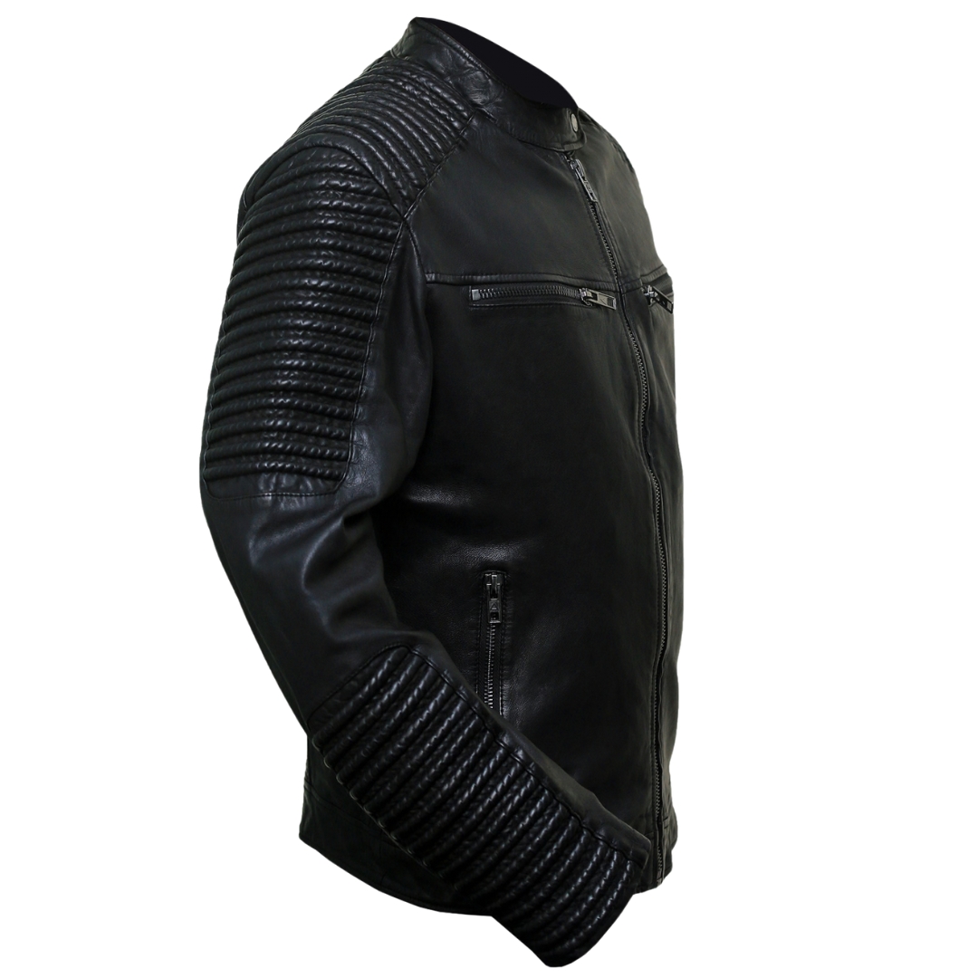 RIVAS Black Leather Ribbed Biker Jacket view 3