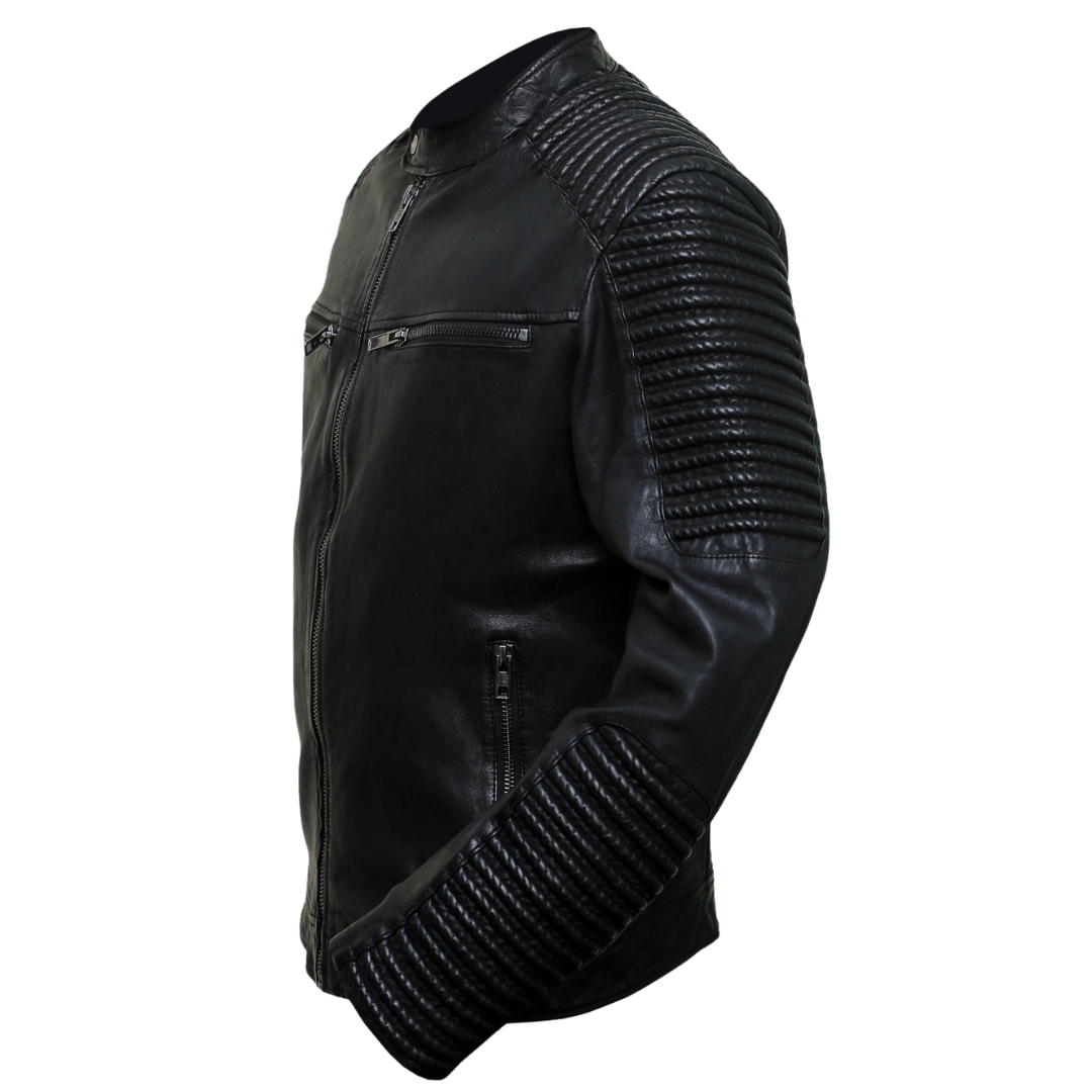RIVAS Black Leather Ribbed Biker Jacket view 4