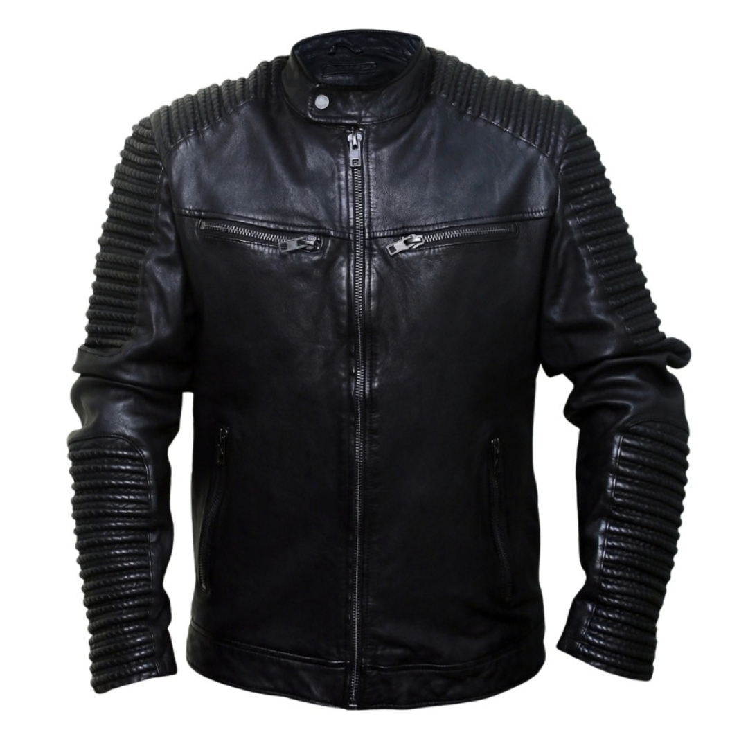 RIVAS Black Leather Ribbed Biker Jacket