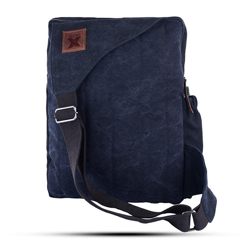 Vintage Navy Canvas Backpack with Leather Accents – Multi-Pocket Travel Daypack view 3