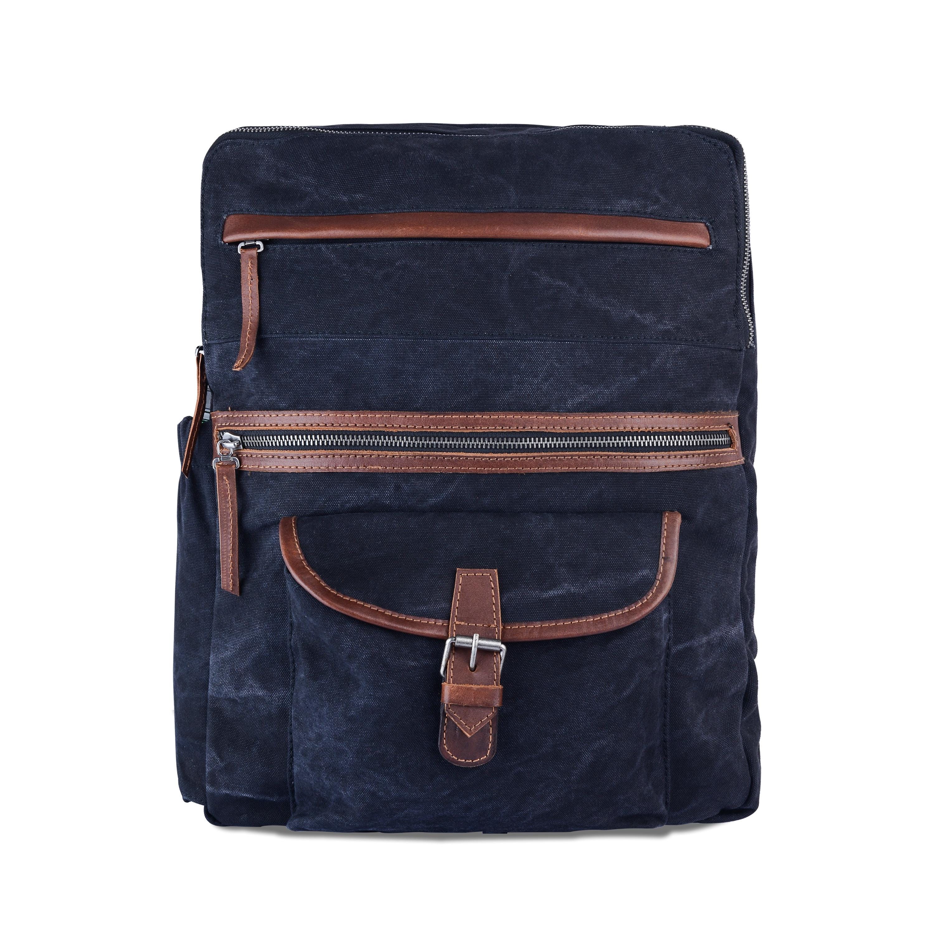 Vintage Navy Canvas Backpack with Leather Accents – Multi-Pocket Travel Daypack