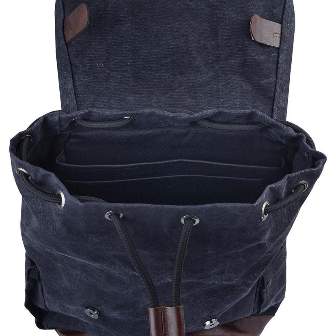 Vintage Navy Canvas Backpack with Leather Straps – Flap Top Travel Daypack view 2