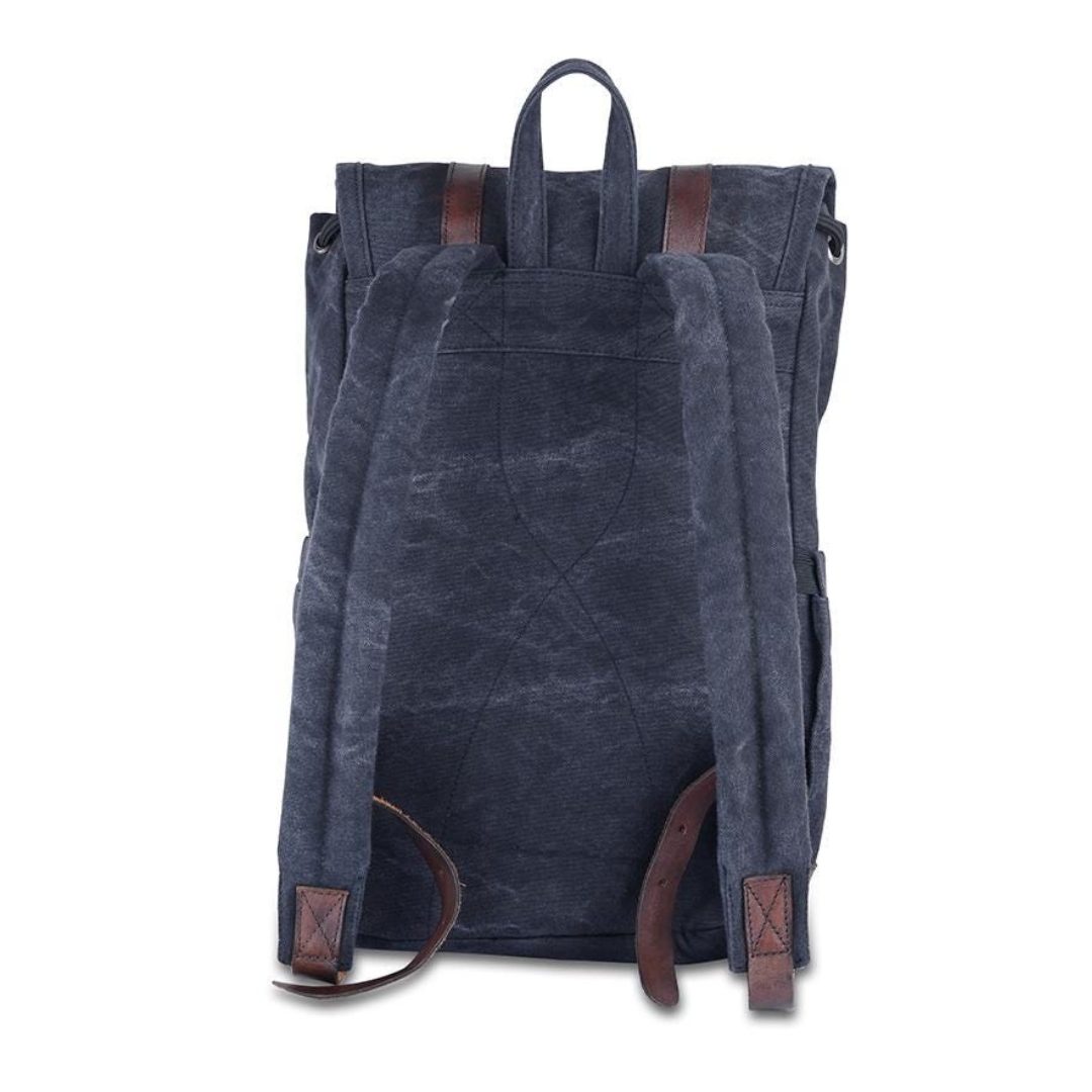 Vintage Navy Canvas Backpack with Leather Straps – Flap Top Travel Daypack view 3