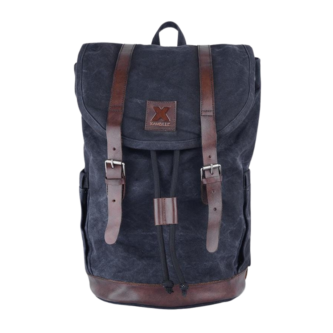Vintage Navy Canvas Backpack with Leather Straps – Flap Top Travel Daypack