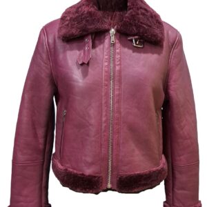 Women’s Maroon Shearling Leather Jacket – Warm & Stylish
