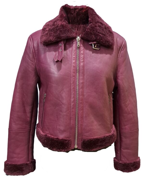 Women’s Maroon Shearling Leather Jacket – Warm & Stylish
